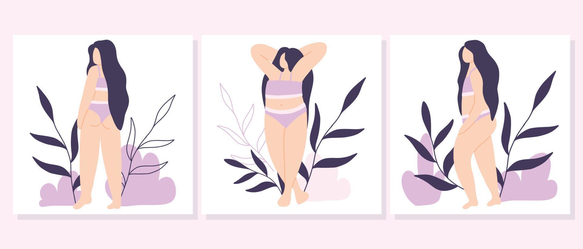uppsättning av kroppspositiv posters med en flicka. samling av vykort med en flicka i underkläder. platt stil. vektor illustration.