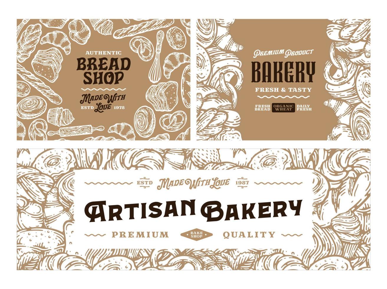 årgång bageri banderoller med ritad för hand bageri Produkter. bröd och bageri illustrationer, vektor mat ikoner