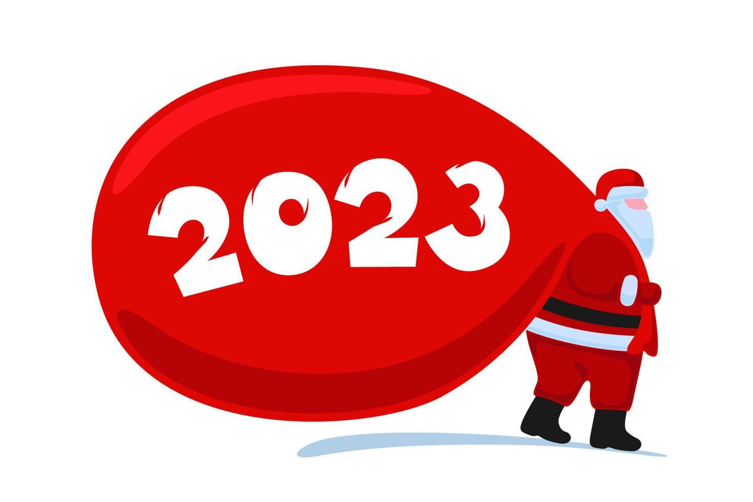 santa claus tecknad serie karaktär kommande och bär stor tung gåvor röd väska. jul och Lycklig ny år 2023 Semester hälsning kort på vit bakgrund. vektor firande kalender affisch illustration