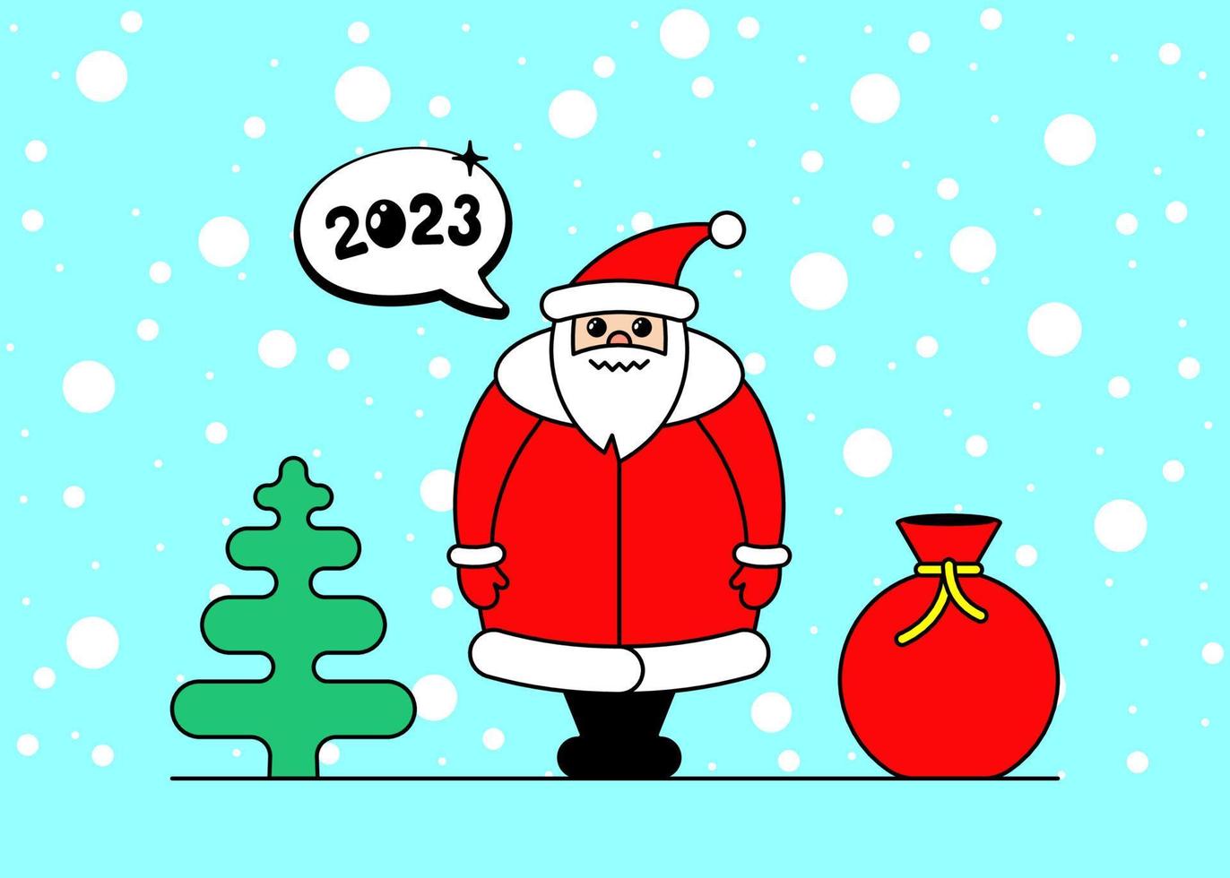 niedlicher karikaturkawaii weihnachtsmanncharakter für weihnachten und frohes neues jahr 2023 feier. geschenktüte fichte und schnee auf blauer süßer winterurlaubsgrußkarte. Vektor-Eps-Inspirationsillustration vektor