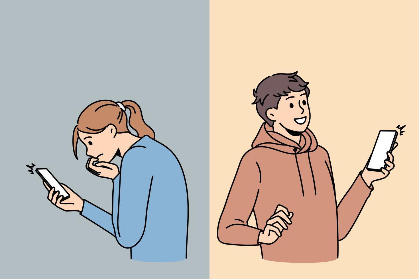 människor använder sig av smartphones skaffa sig dålig och Bra meddelanden på social media. Lycklig och ledsen man och kvinna med mobiltelefon känna emotionell med aviseringar eller text. missbruk, teknologi. vektor illustration.