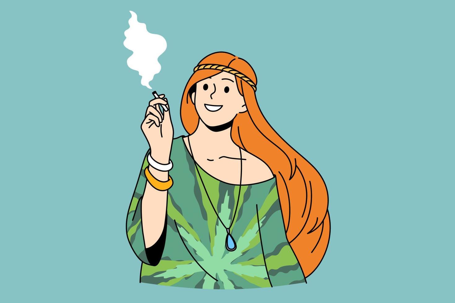 Leben als Hippie und freies Lifestyle-Konzept. junge lächelnde Frau Hippie stehend rauchende Zigarette Gefühl freie Vektor-Illustration vektor