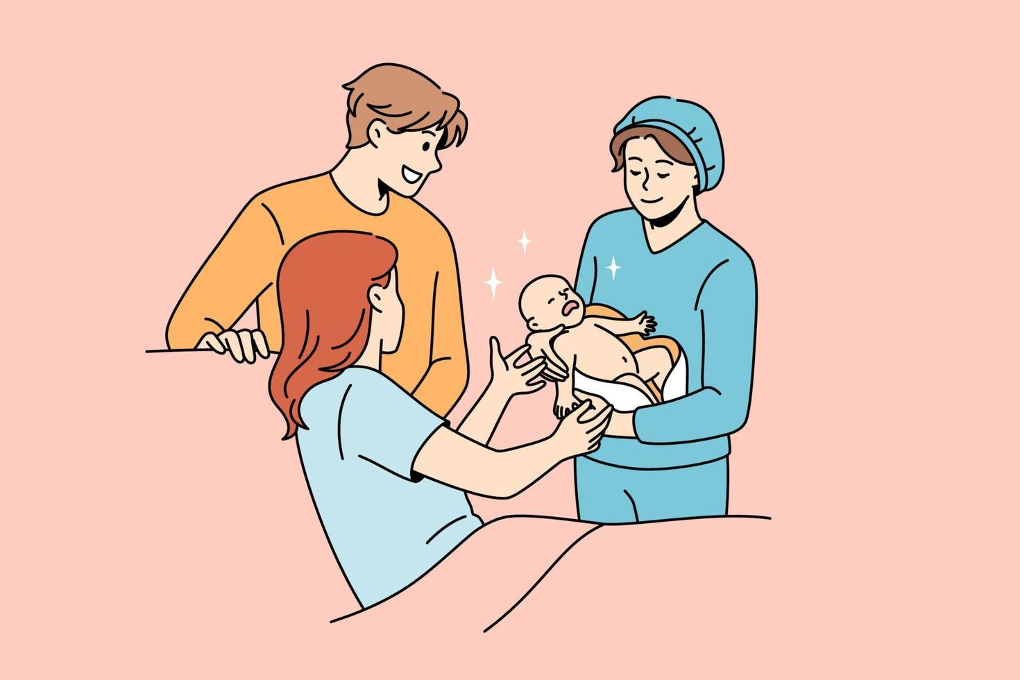 ger födelse och föräldraskap begrepp. ung Lycklig mor liggande i säng tar henne nyfödd bebis från sjuksköterska med leende far stående närliggande vektor illustration