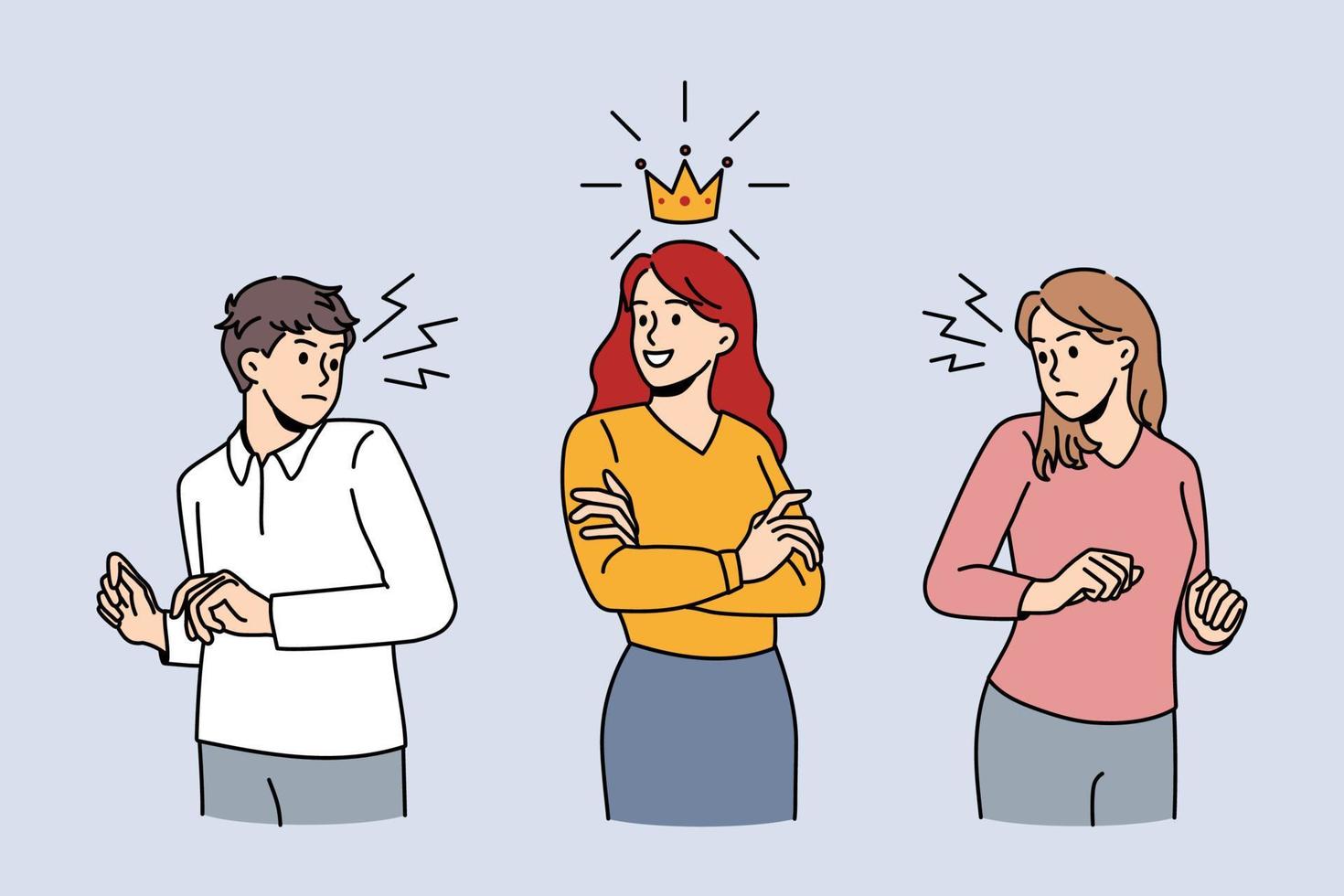 svartsjuk kollegor avundas framgångsrik kvinna medarbetare med krona på huvud. självsäker motiverad affärskvinna göra företag partners arg. rivalitet och konkurrens. vektor illustration.