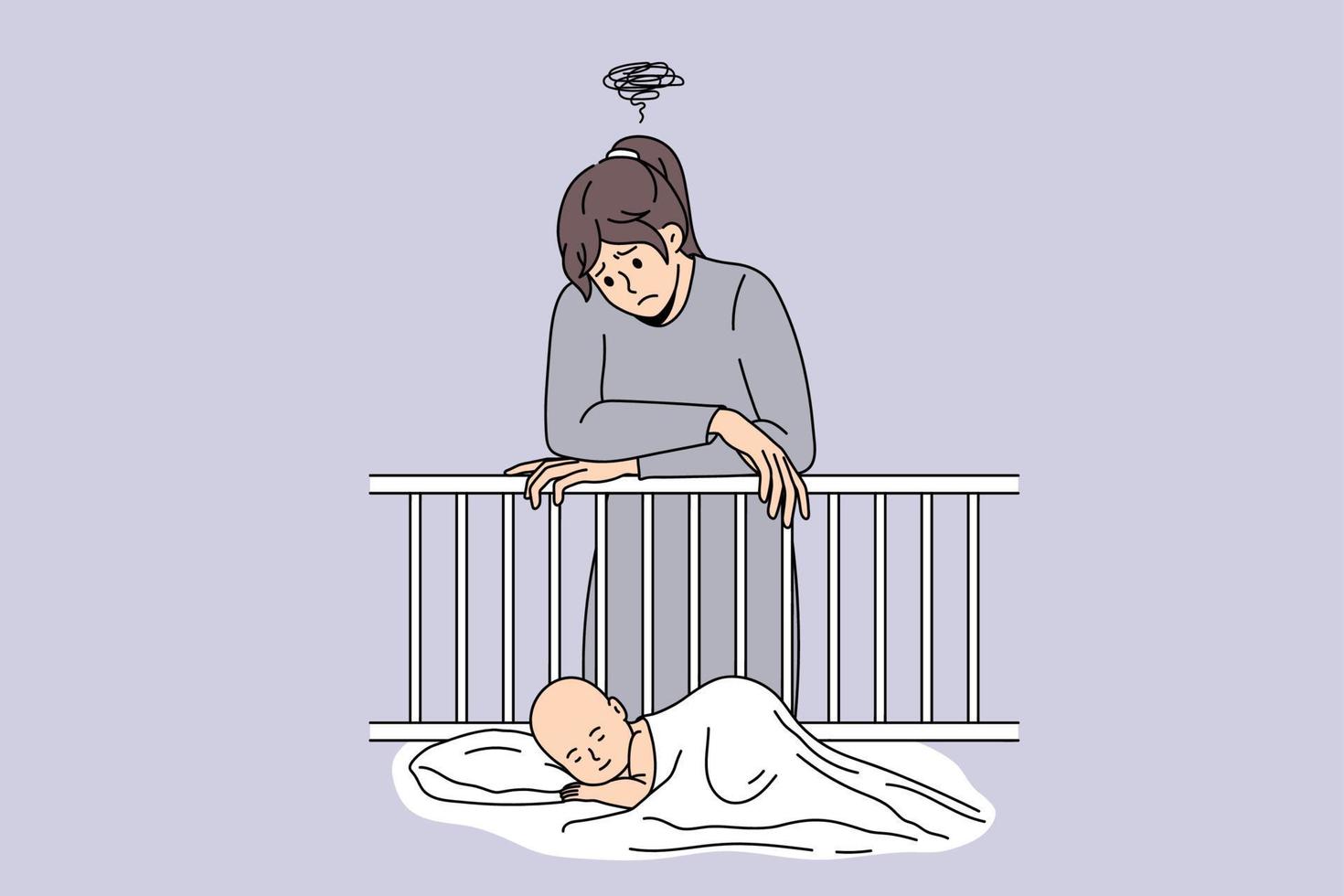 unglückliche junge Frau in der Nähe von Babybett, die mit postpartalen Depressionen zu kämpfen hat. verärgerte müde mutter leidet nach der schwangerschaft an psychologischen emotionalen psychischen problemen. Vektor-Illustration. vektor