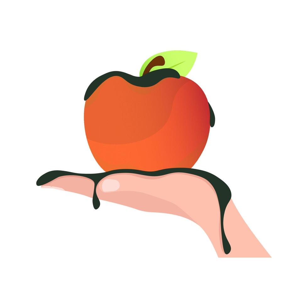 ein in Schlamm getränkter roter Apfel wird zu Ehren der Vermeidung von Umweltverschmutzung an der Hand gehalten. vektor