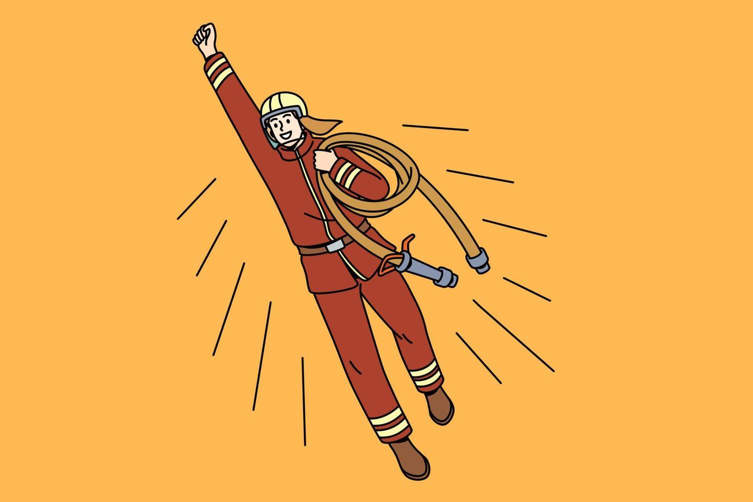 arbetssätt som brandman hjälte begrepp. ung leende man tecknad serie karaktär brandman flygande ovan med hand upp över gul bakgrund vektor illustration