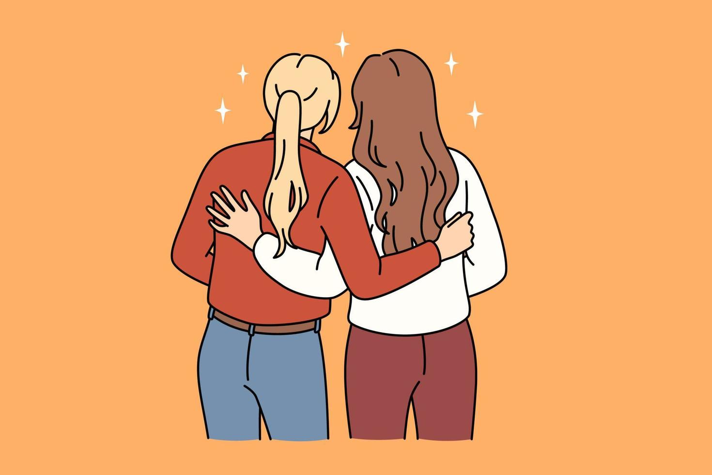 lesbisk kärlek och homosexuell par begrepp. två flickor stående och fattande varje Övrig känsla kärleksfull par vektor illustration