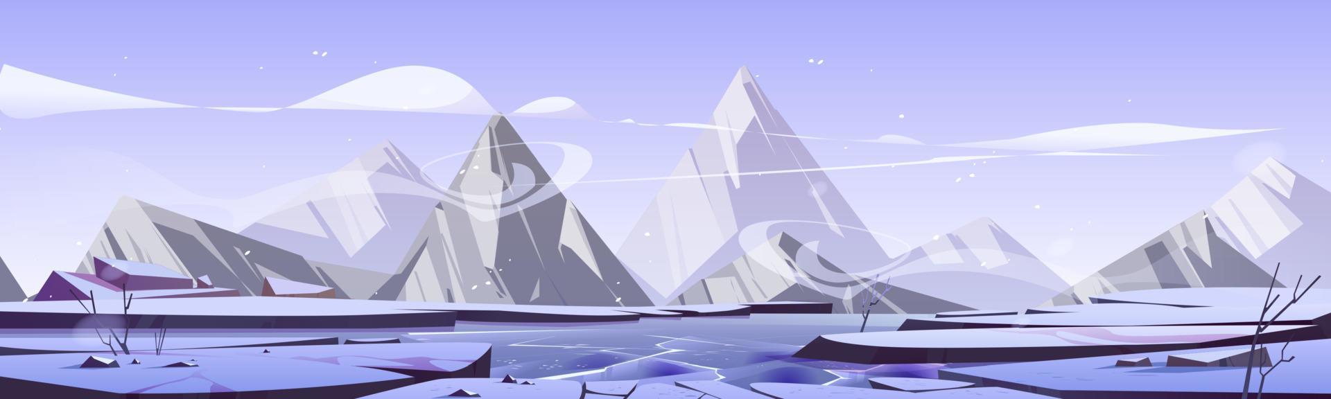 vinter- landskap med frysta sjö och bergen vektor