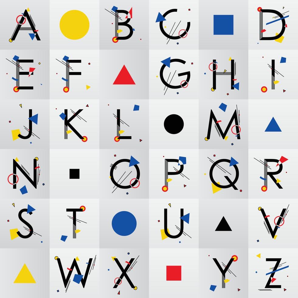 alphabet bauhaus bestehend aus einfachen geometrischen formen im bauhausstil, inspiriert von der bauhausschule und gemälden von wassily kandinsky vektor