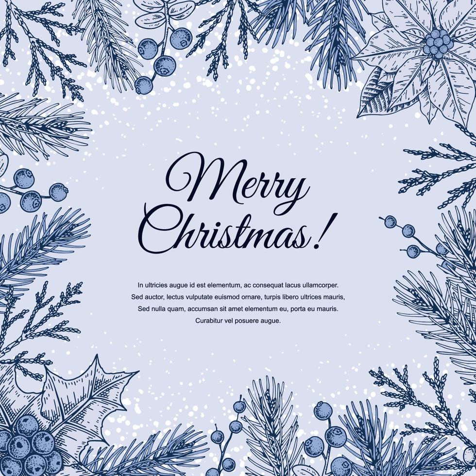 frohe weihnachten und guten rutsch ins neue jahr blaue grußkarte. festlicher hintergrund mit handgezeichneten winterpflanzen. Vintage-Design im Sketch-Stil. Platz für Text vektor