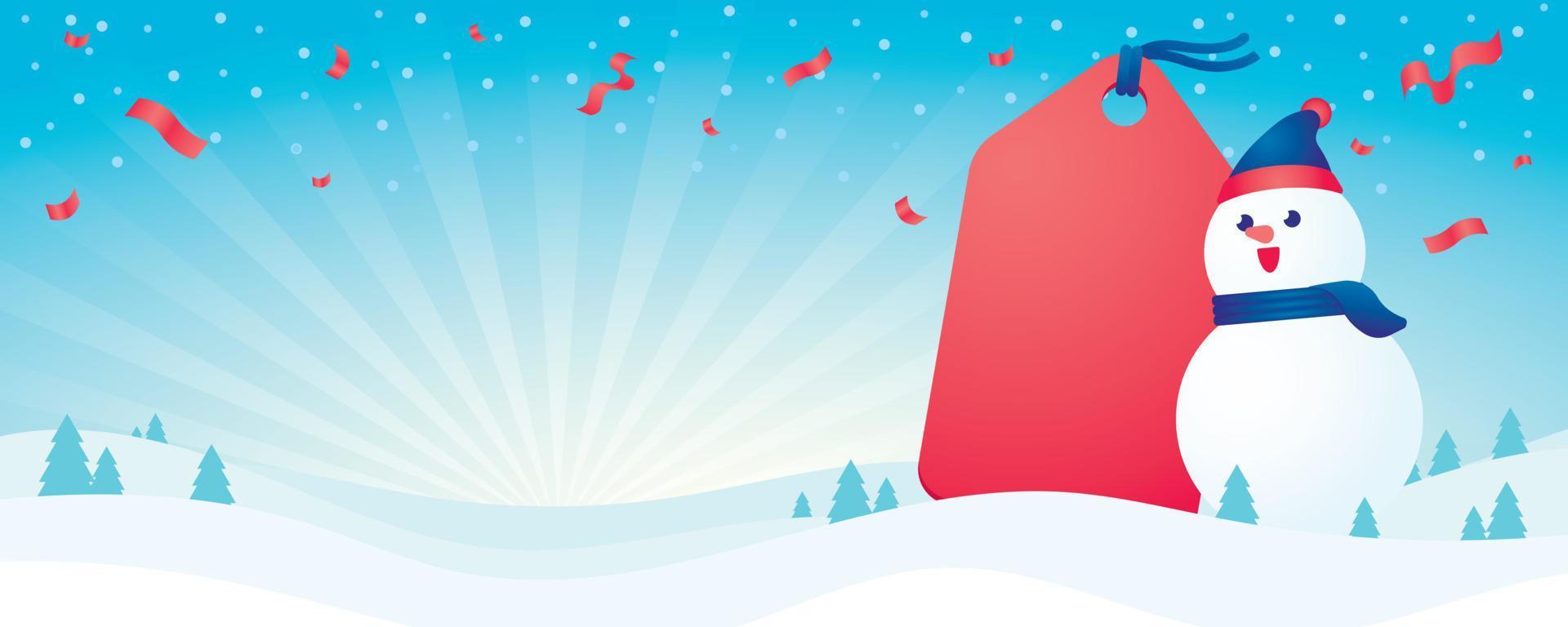vinter- scen baner bakgrund med söt snögubbe och pris märka illustration vektor
