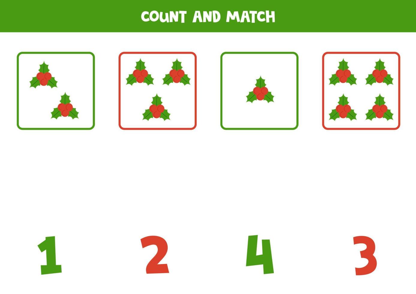 räkning spel för ungar. räkna Allt jul järnek och match med tal. kalkylblad för barn. vektor