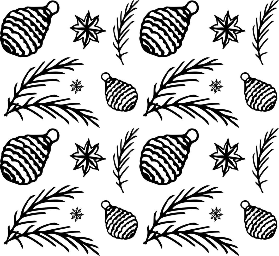 jul sömlös mönster klotter. mönster med jul träd, bollar och stjärnor. vektor illustration