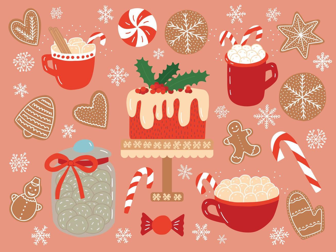 Vektor-Weihnachts-Dessert-Clipart-Set. Weihnachtskuchen mit Mistelzweig und weißem Zuckerguss, heiße Schokolade mit Marshmallows und Ingwerplätzchen in verschiedenen Formen vektor