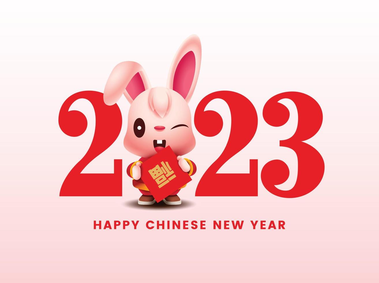 chinesische neujahrsgrußkarte 2023. niedliches kaninchen der karikatur, das chinesische handrollen mit großem nummerzeichen 2023 hält. Hasencharakter vektor