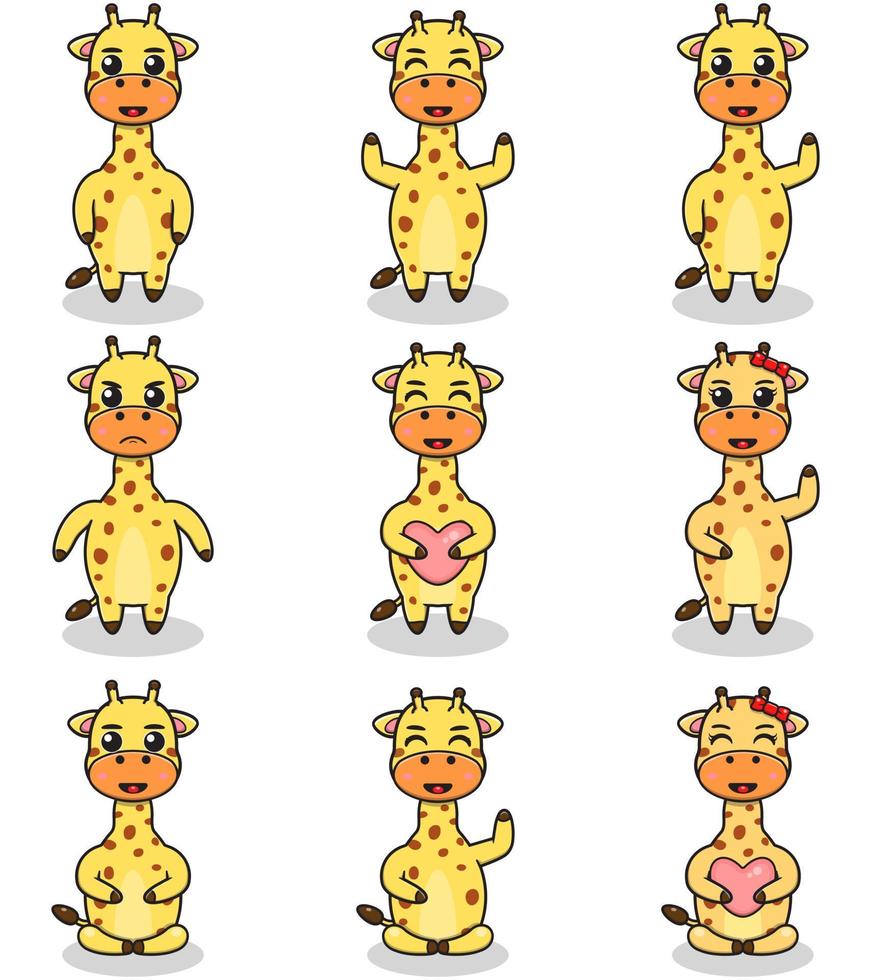 Vektor-Illustration-Satz von Giraffen-Cartoon. Bündel niedliches Giraffenset. Reihe von Tieren. karikatur- und vektorisolierte charaktere. eine Sammlung von Tieren im Kinderstil. vektor