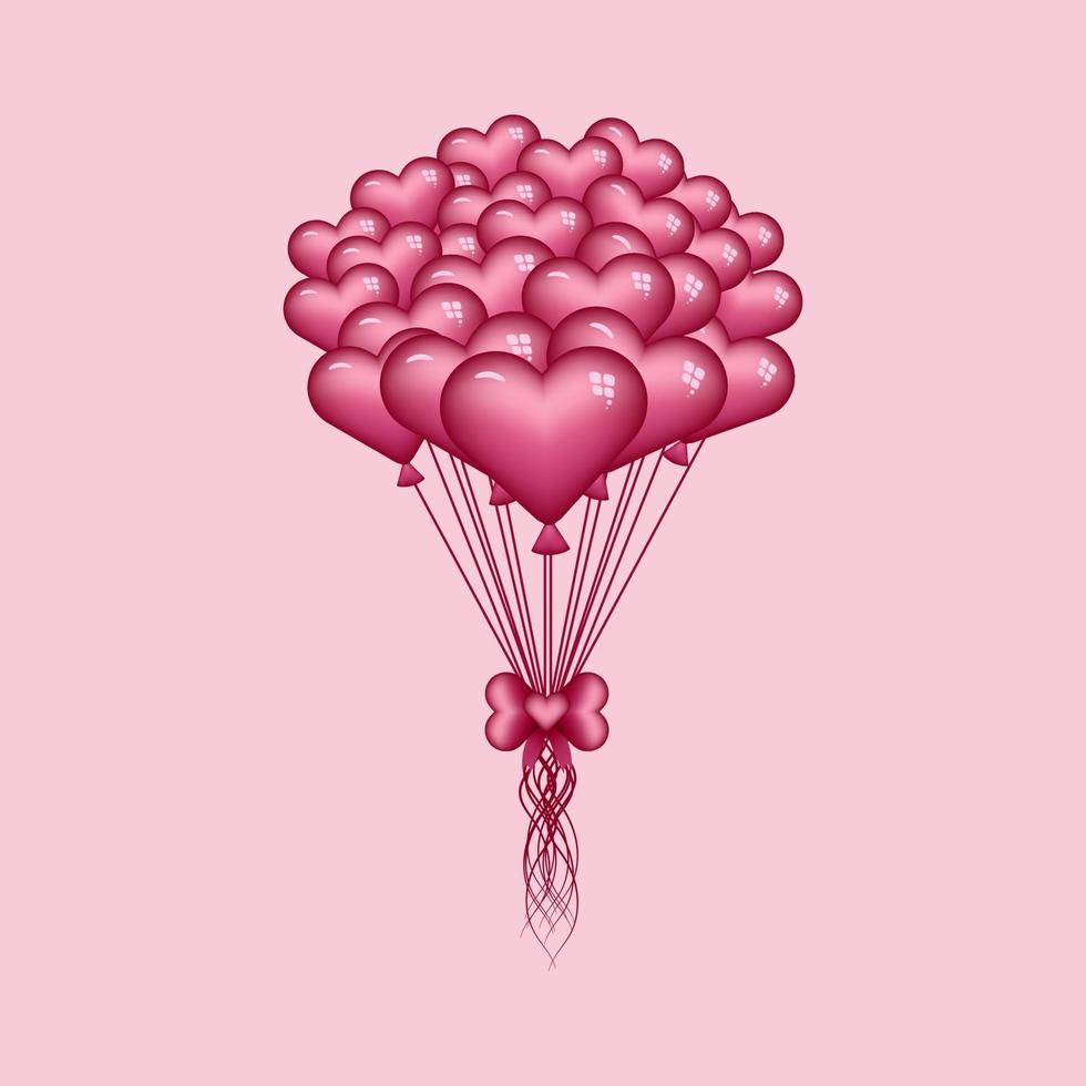 Festlicher Haufen lila Form von Herzfliegenballons, die mit einer herzförmigen Schleife auf rosa Hintergrund für Valentinskarten gebunden sind. Vektor-Illustration vektor