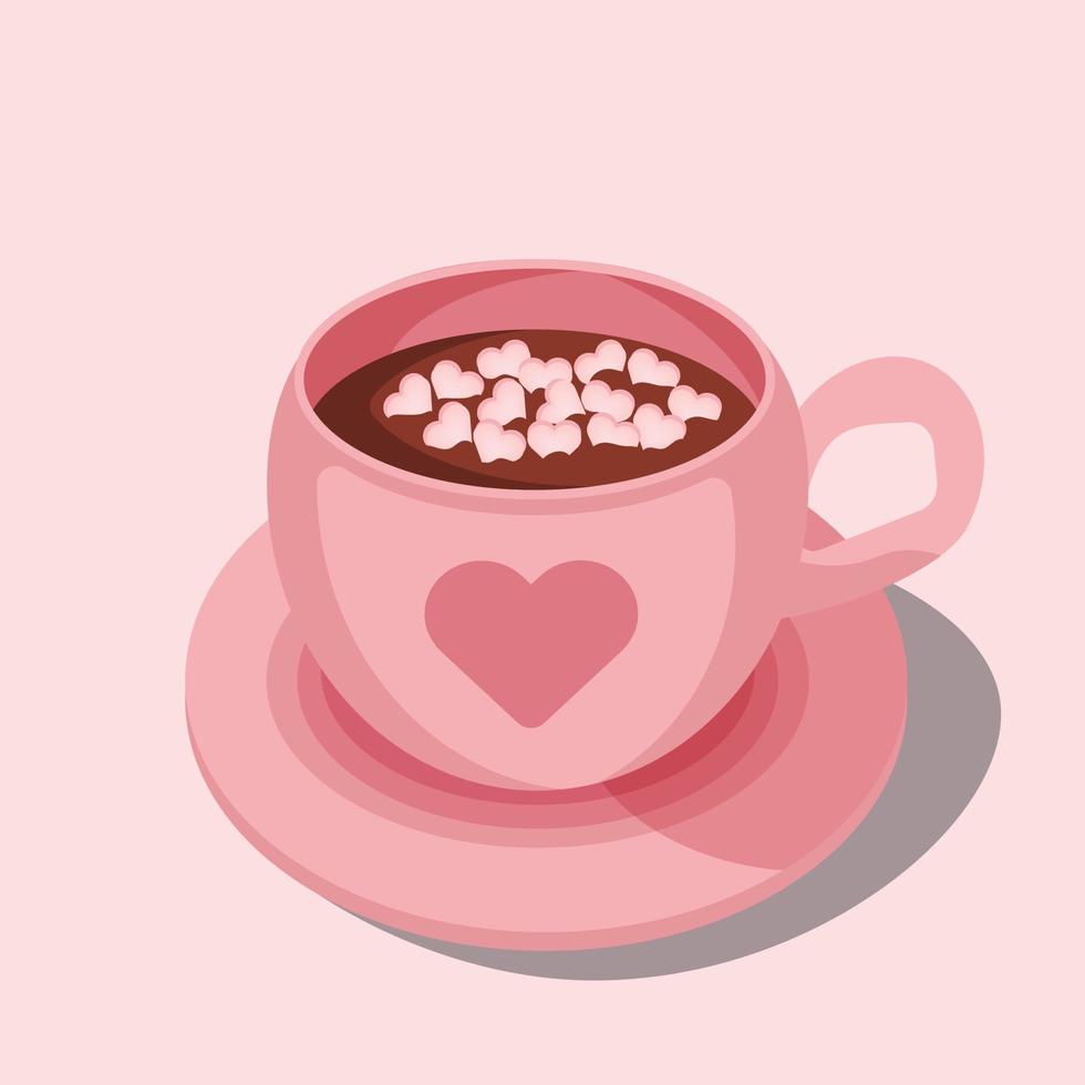 varm choklad kopp med marshmallows, en rosa kopp av kakao med hjärta prydnad. kärlek hälsning kort vektor illustrationer, isolerat design element