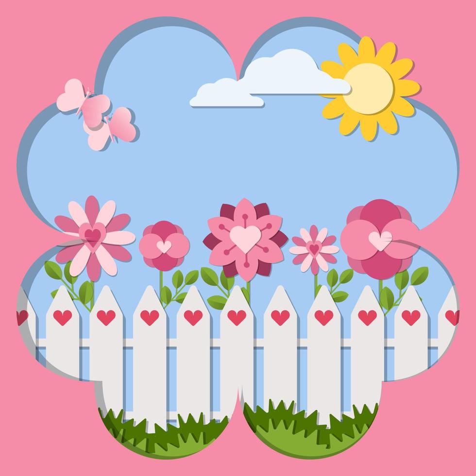 kärlek vykort papper Skära ut vektor illustrationer. vit staket med rosa blommor och fjärilar på blå himmel med de Sol och vit moln bakgrund