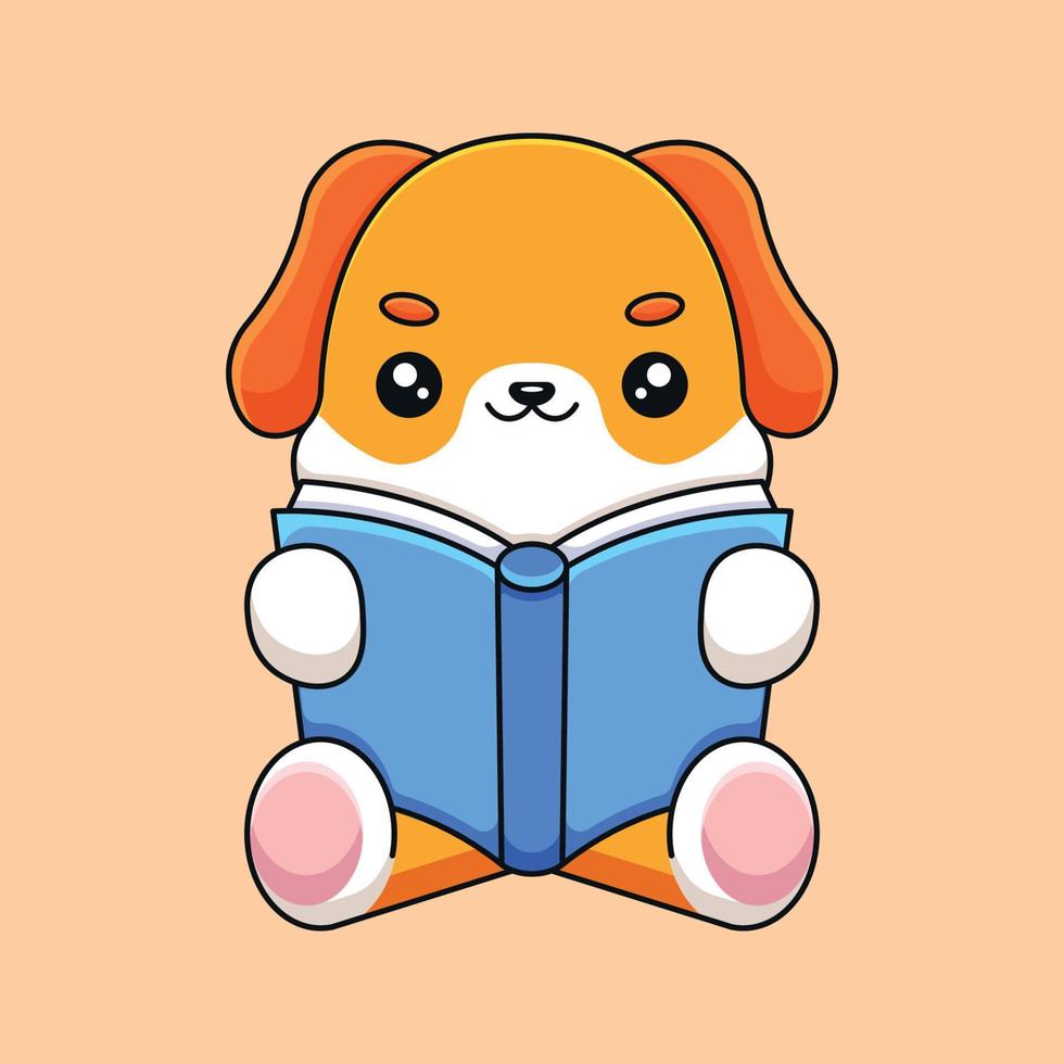 niedlicher hund liest buch cartoon maskottchen gekritzelkunst handgezeichnetes konzept vektor kawaii symbol illustration