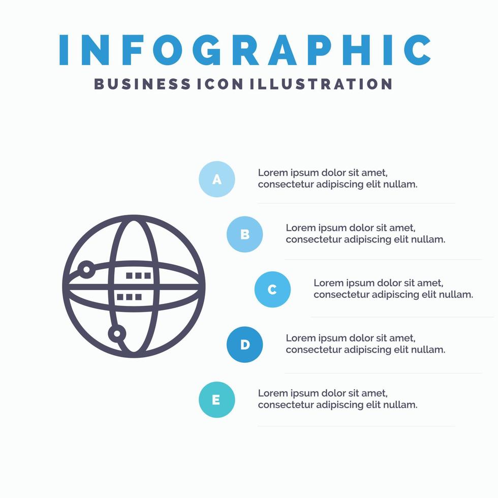 värld internet datoranvändning klot blå infographics mall 5 steg vektor linje ikon mall