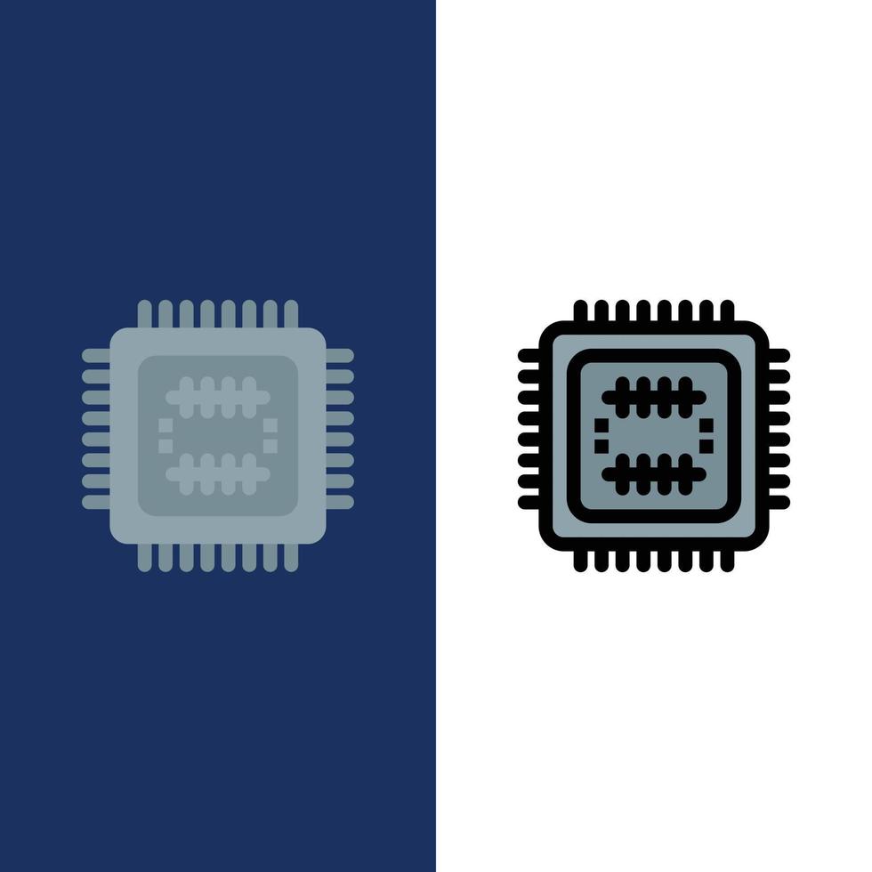 systemet tech teknologi cpu ikoner platt och linje fylld ikon uppsättning vektor blå bakgrund