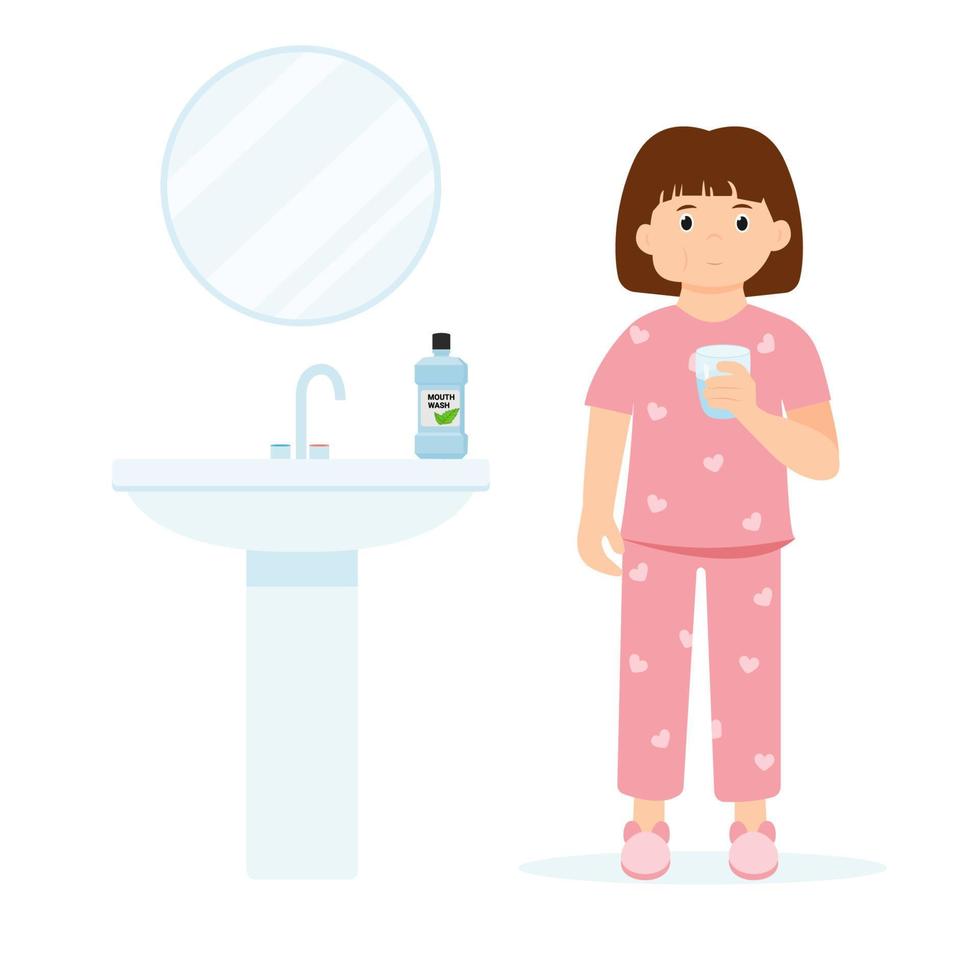 Kleines Mädchen im Schlafanzug gurgelt mit Mundwasser aus einem Glas. tägliche Mundhygiene vektor