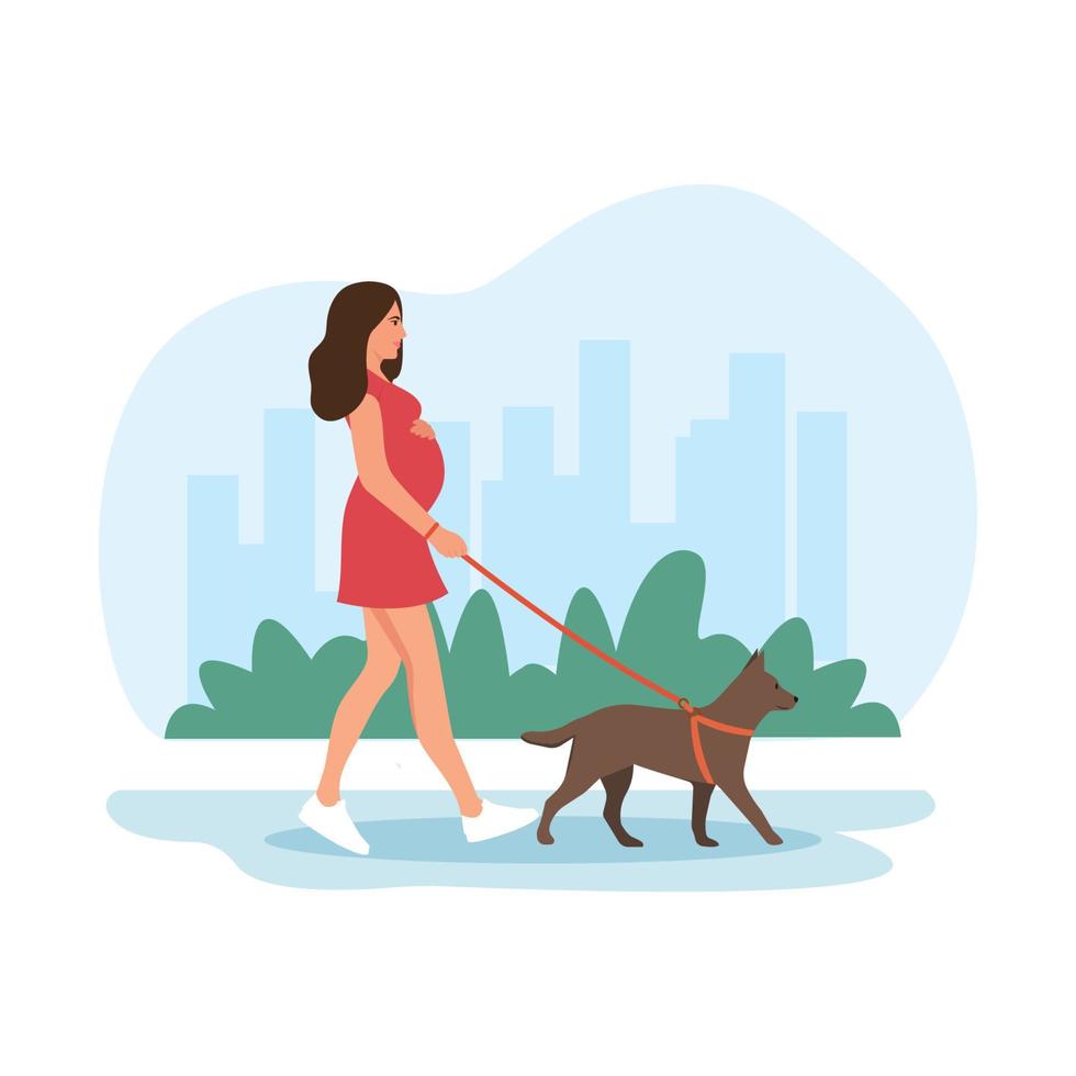 gravid kvinna gående med henne hund. friska vanor och friska livsstil.glad graviditet. sport för gravid. platt tecknad serie vektor illustration