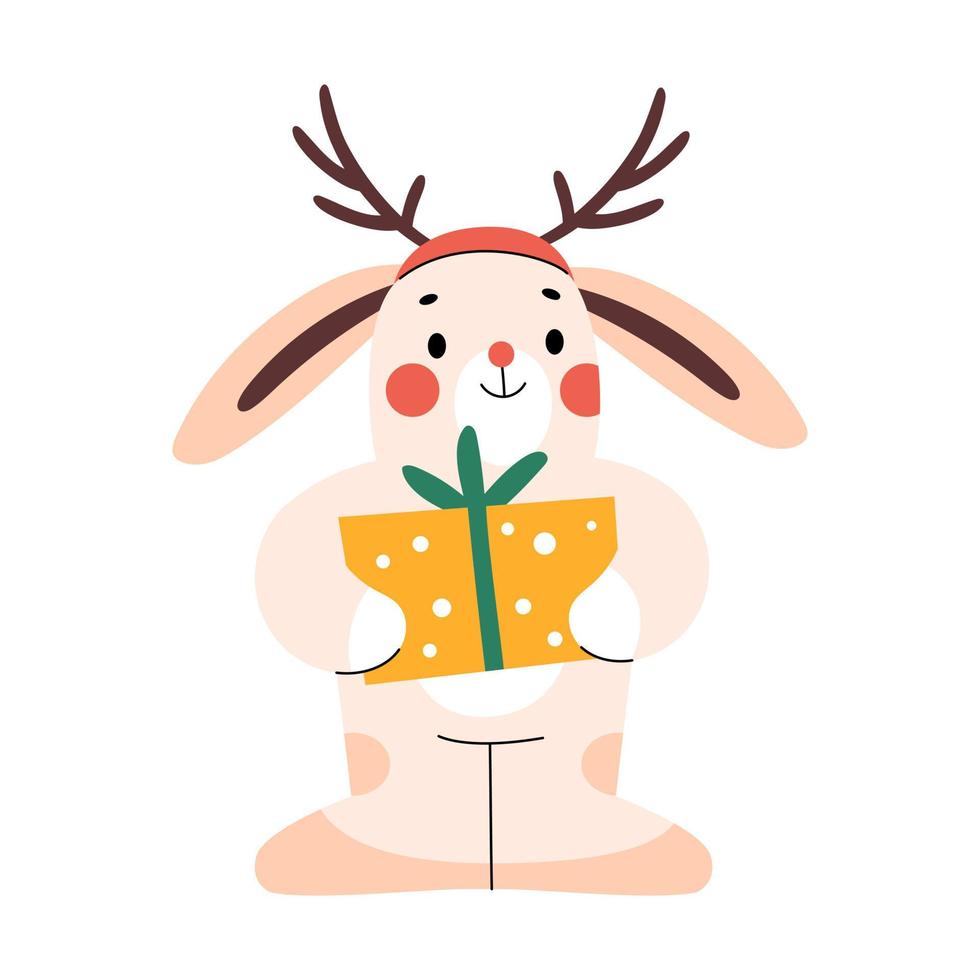 söt kanin med rådjur horn och innehav en gåva låda vektor