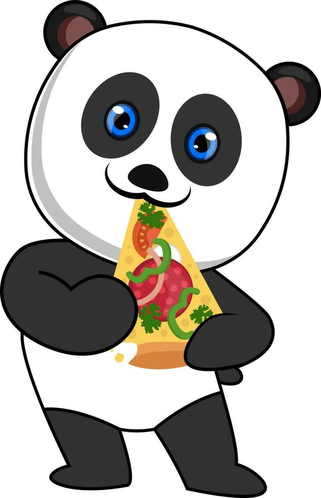 Panda isst Pizza, Illustration, Vektor auf weißem Hintergrund.