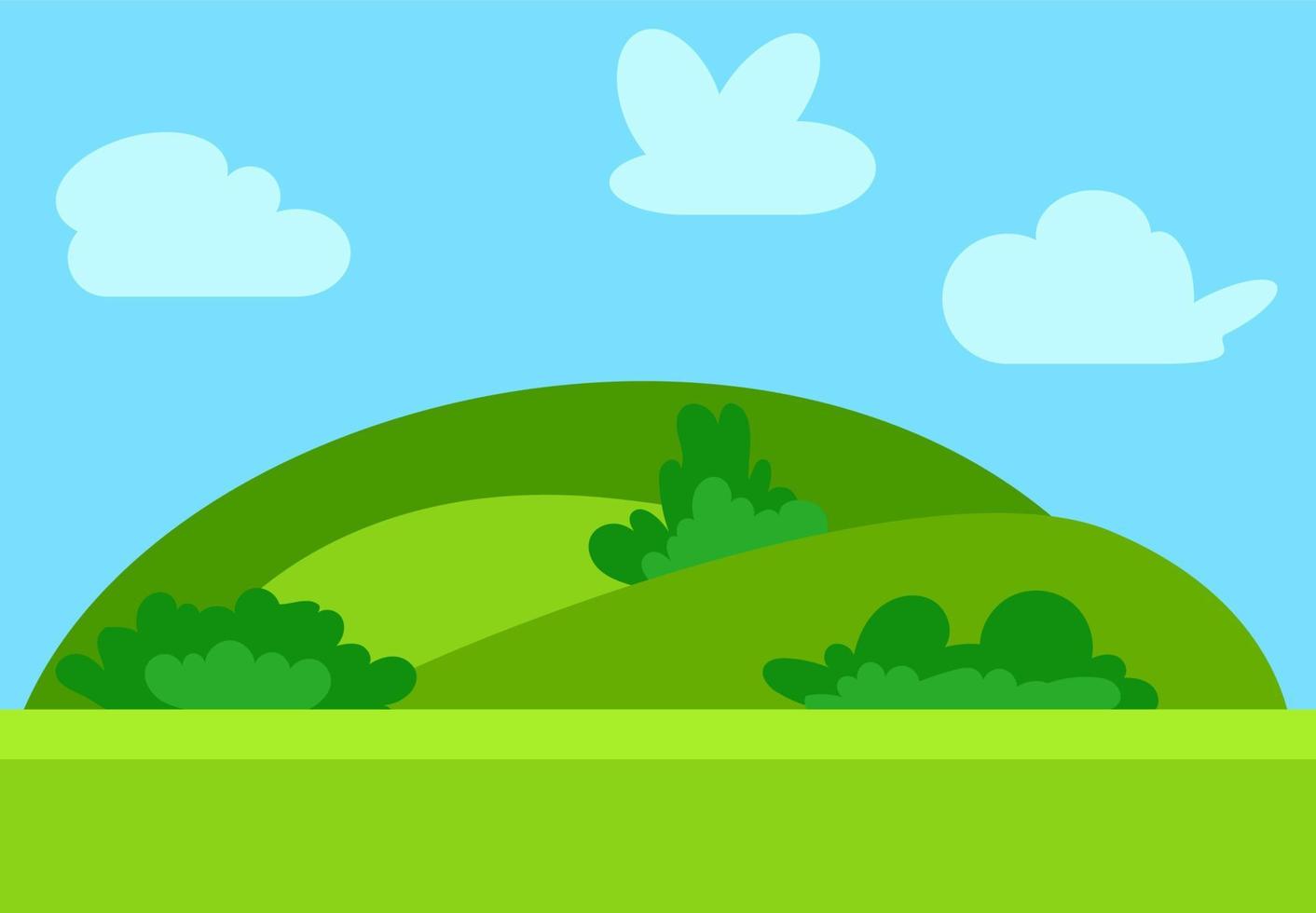 naturlig tecknad serie landskap i de platt stil med grön kullar, blå himmel och moln på solig dag. vektor illustration