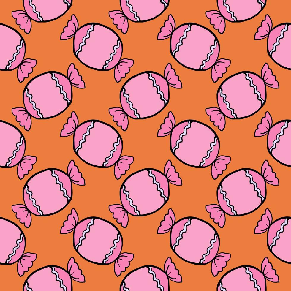 rosa Süßigkeiten, nahtloses Muster auf orangefarbenem Hintergrund. vektor