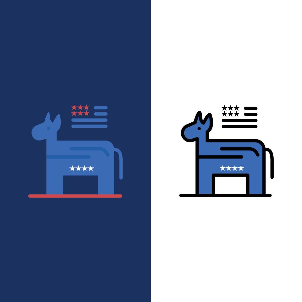 Esel amerikanische politische Symbolsymbole flach und Linie gefüllt Icon Set Vektor blauen Hintergrund