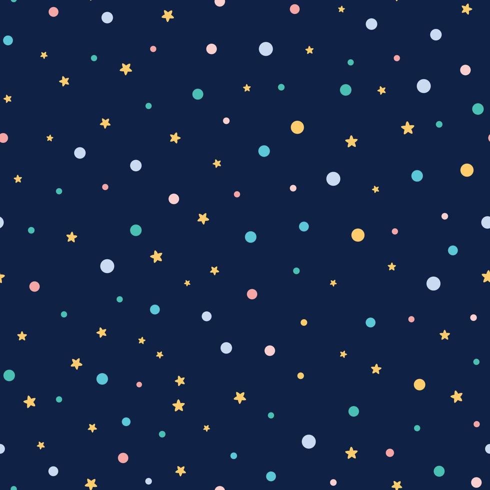 polka punkt och stjärnor sömlös mönster i natt mörk färger. söt himmel, kosmos sömlös bakgrund. vektor illustration för xmas tapet, slå in, tyg, textil, trasa eller paket design. bebis dusch.