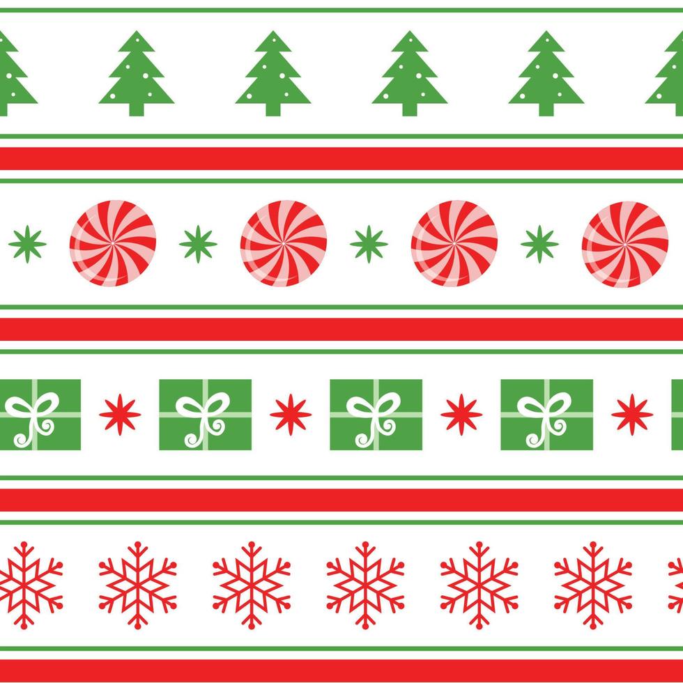 glad jul sömlös mönster med träd, snöflingor, santas presenterar och shevron på vit. ny år bakgrund för tapet, tyg, textil, förpackning. vinter- söt baner,. vektor illustration