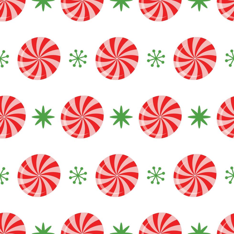 einfaches klassisches nahtloses weihnachtsmuster. traditionelles grünes, rotes Geschenkpapier. heller hintergrund des neuen jahres verzierte schneeflocken, süße süßigkeiten vector winterdesign für tapete, stoff, textil