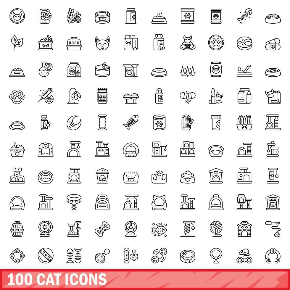 100 katt ikoner uppsättning, översikt stil vektor