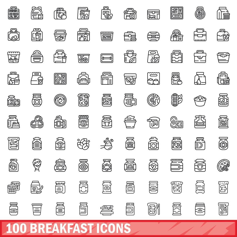 100 frukost ikoner set, kontur stil vektor