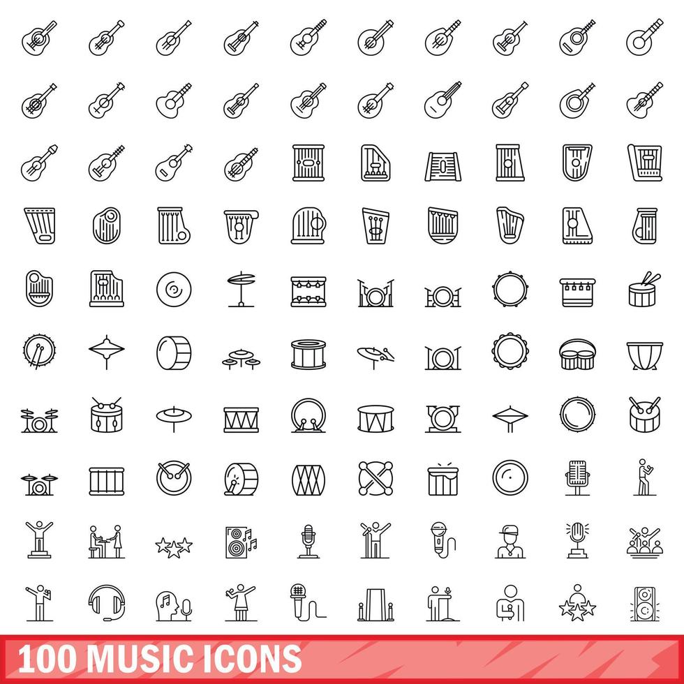 100 musikikoner set, konturstil vektor