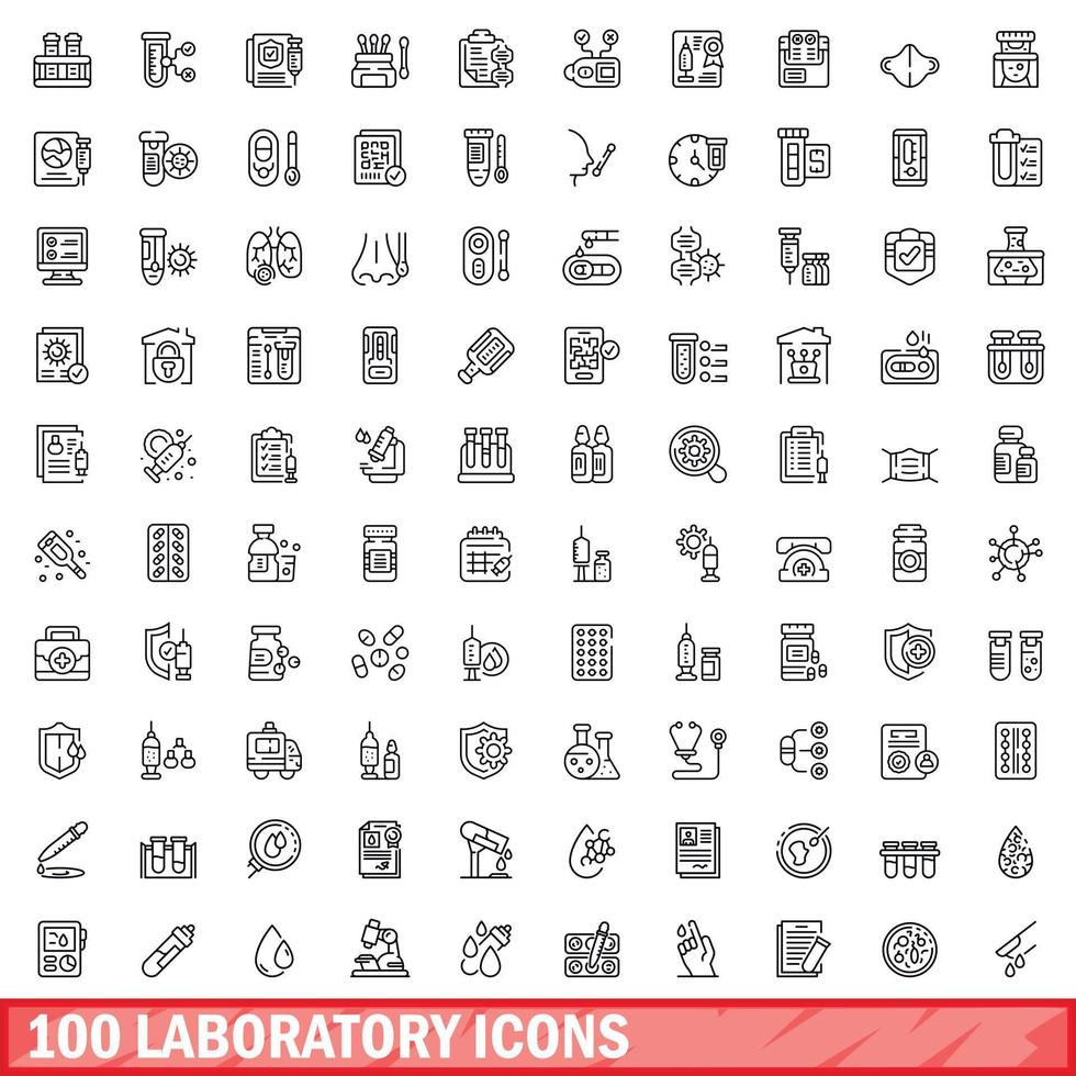 100 laboratorium ikoner uppsättning, översikt stil vektor