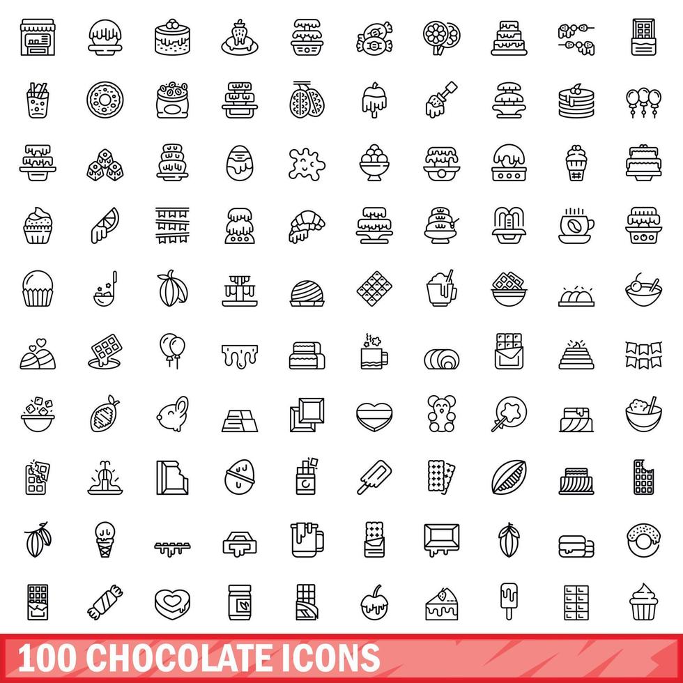 100 choklad ikoner uppsättning, översikt stil vektor