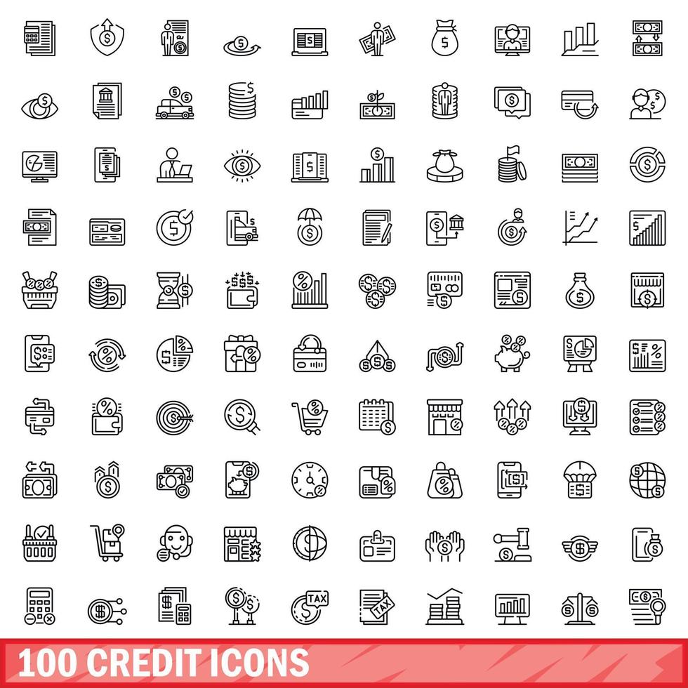 100 kreditera ikoner uppsättning, översikt stil vektor