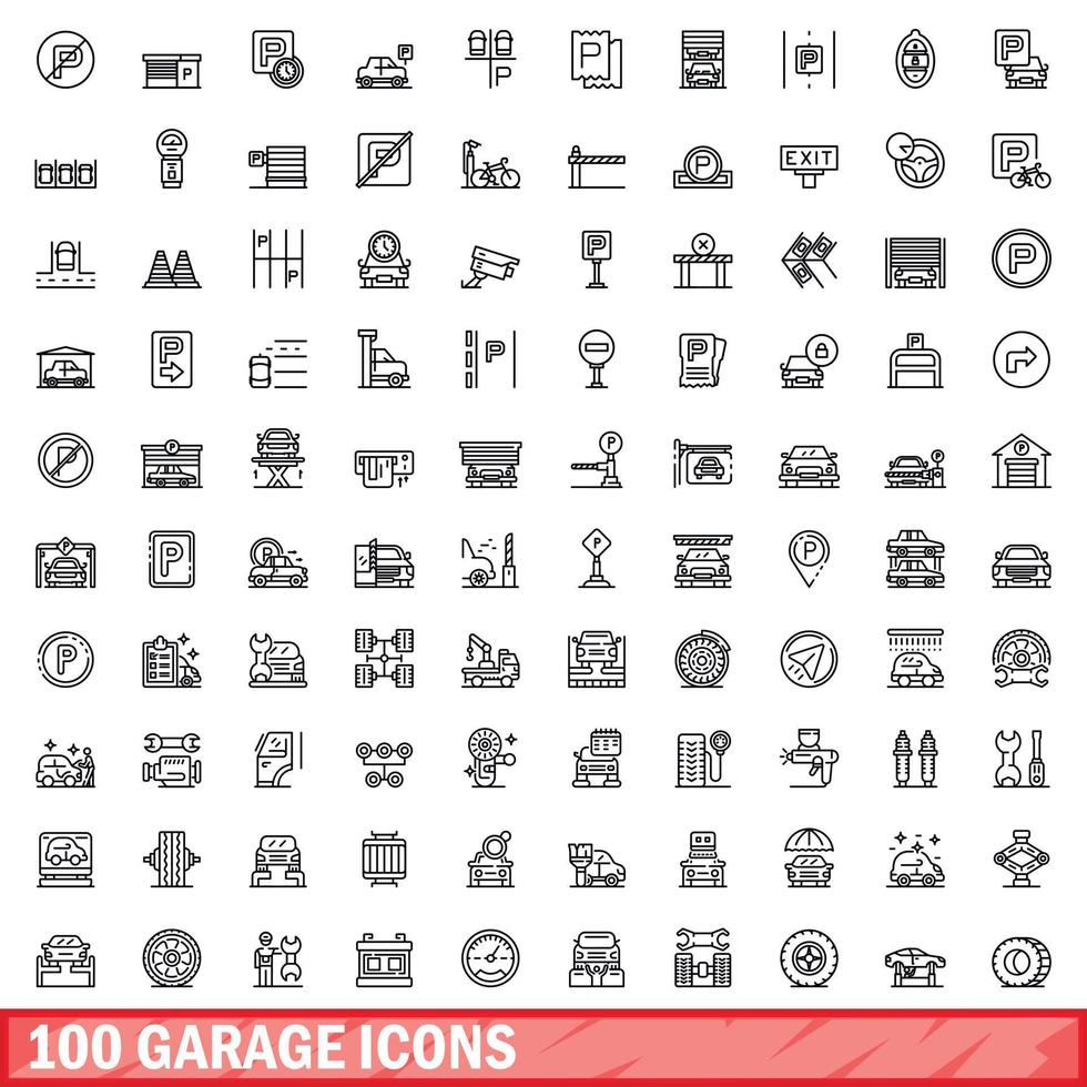 100 Garagensymbole gesetzt, Umrissstil vektor