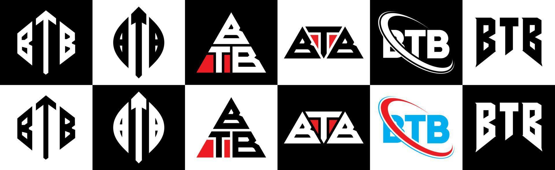 btb-brief-logo-design in sechs stilen. btb-polygon, kreis, dreieck, sechseck, flacher und einfacher stil mit schwarz-weißem buchstabenlogo in einer zeichenfläche. btb minimalistisches und klassisches logo vektor