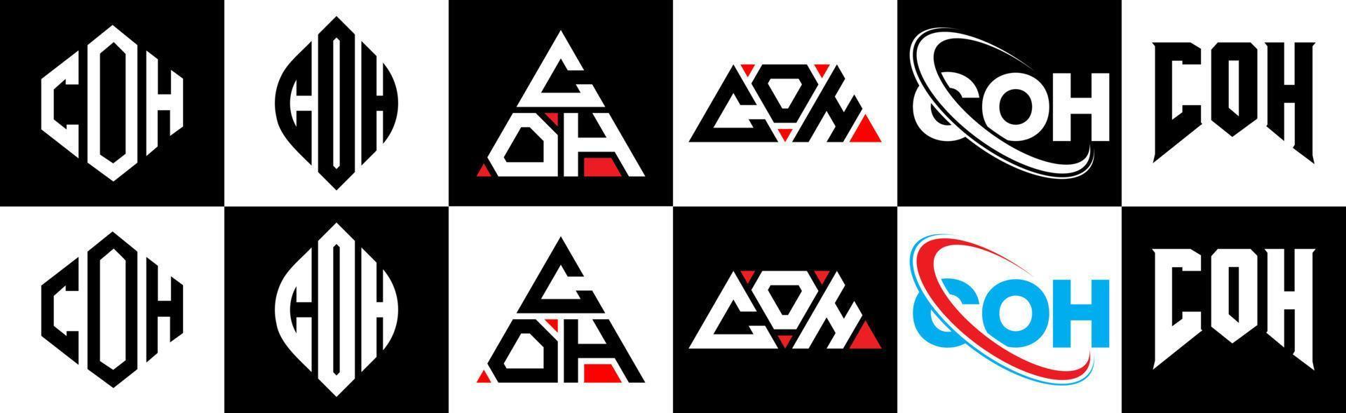 coh brev logotyp design i sex stil. coh polygon, cirkel, triangel, sexhörning, platt och enkel stil med svart och vit Färg variation brev logotyp uppsättning i ett rittavla. coh minimalistisk och klassisk logotyp vektor