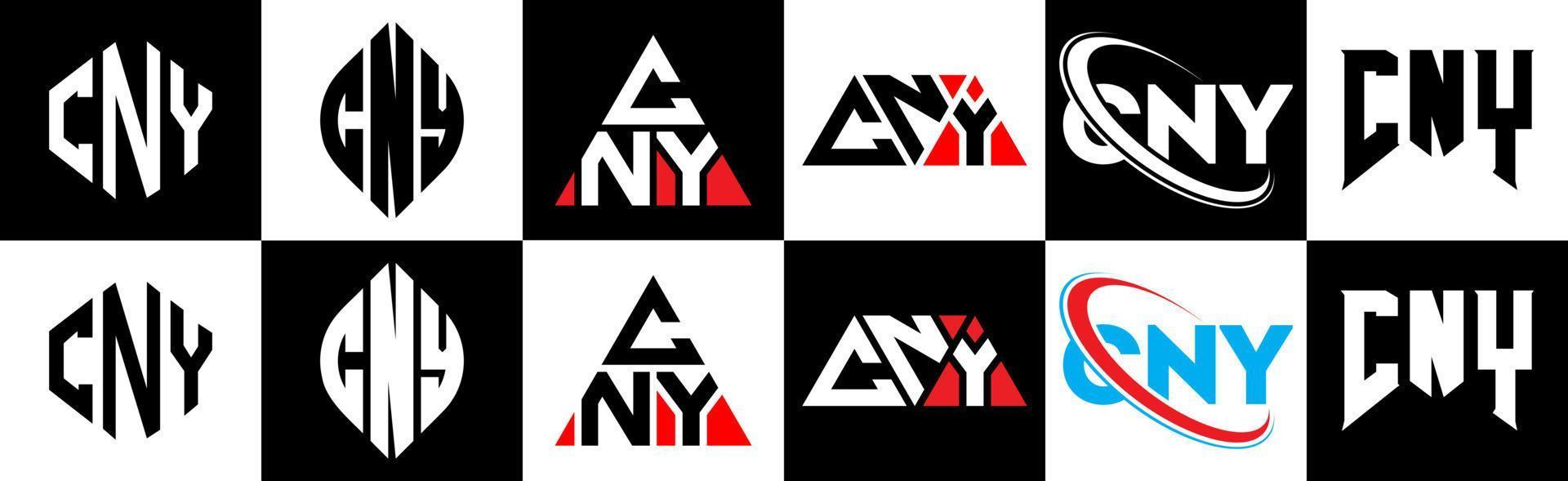 CNY-Buchstaben-Logo-Design in sechs Stilen. cny polygon, kreis, dreieck, sechseck, flacher und einfacher stil mit schwarz-weißem buchstabenlogo in einer zeichenfläche. Cny minimalistisches und klassisches Logo vektor