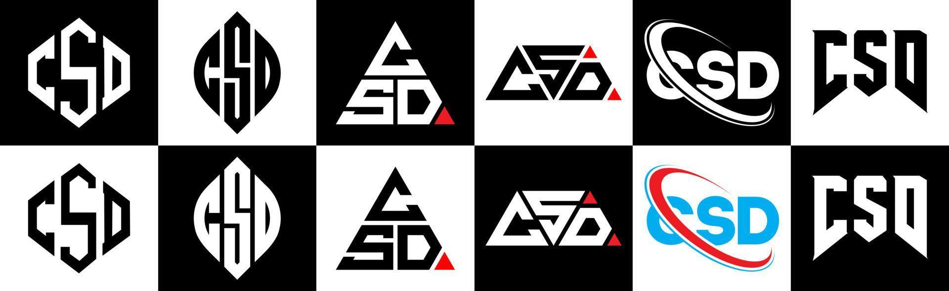 csd-Buchstaben-Logo-Design in sechs Stilen. csd-polygon, kreis, dreieck, sechseck, flacher und einfacher stil mit schwarz-weißem buchstabenlogo in einer zeichenfläche. csd minimalistisches und klassisches Logo vektor