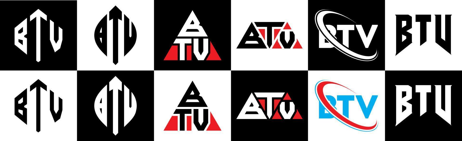 btv-Buchstaben-Logo-Design in sechs Stilen. btv polygon, kreis, dreieck, sechseck, flacher und einfacher stil mit schwarz-weißem buchstabenlogo in einer zeichenfläche. BTV minimalistisches und klassisches Logo vektor