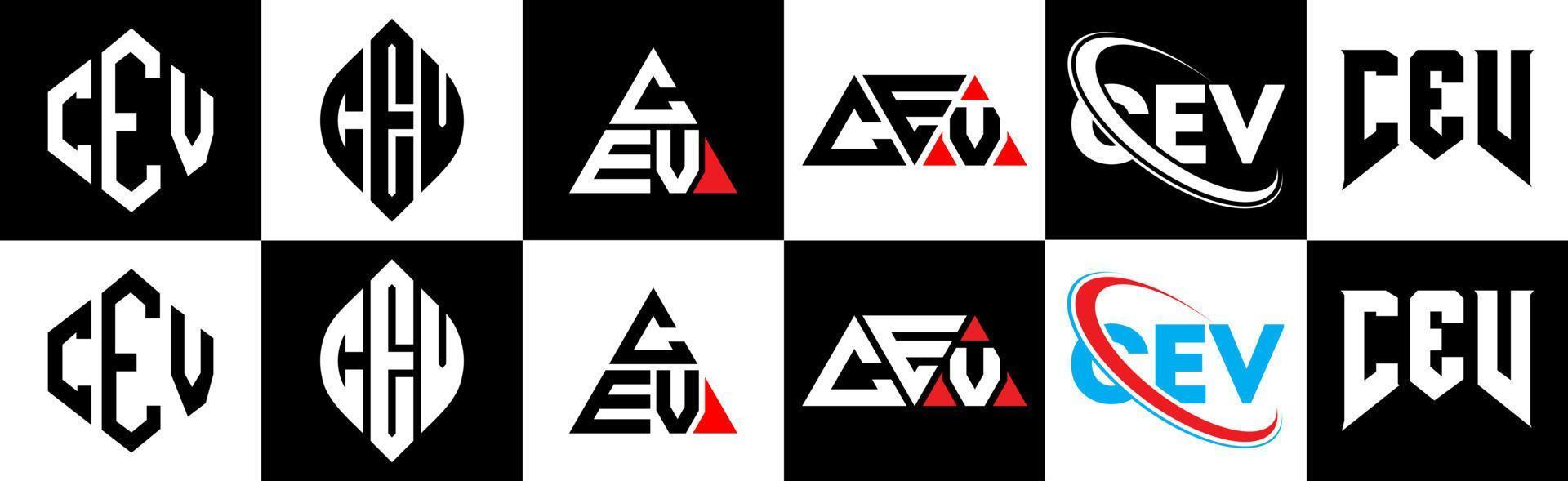 CEV-Brief-Logo-Design in sechs Stilen. CEV-Polygon, Kreis, Dreieck, Sechseck, flacher und einfacher Stil mit schwarz-weißem Buchstabenlogo in einer Zeichenfläche. cev minimalistisches und klassisches Logo vektor